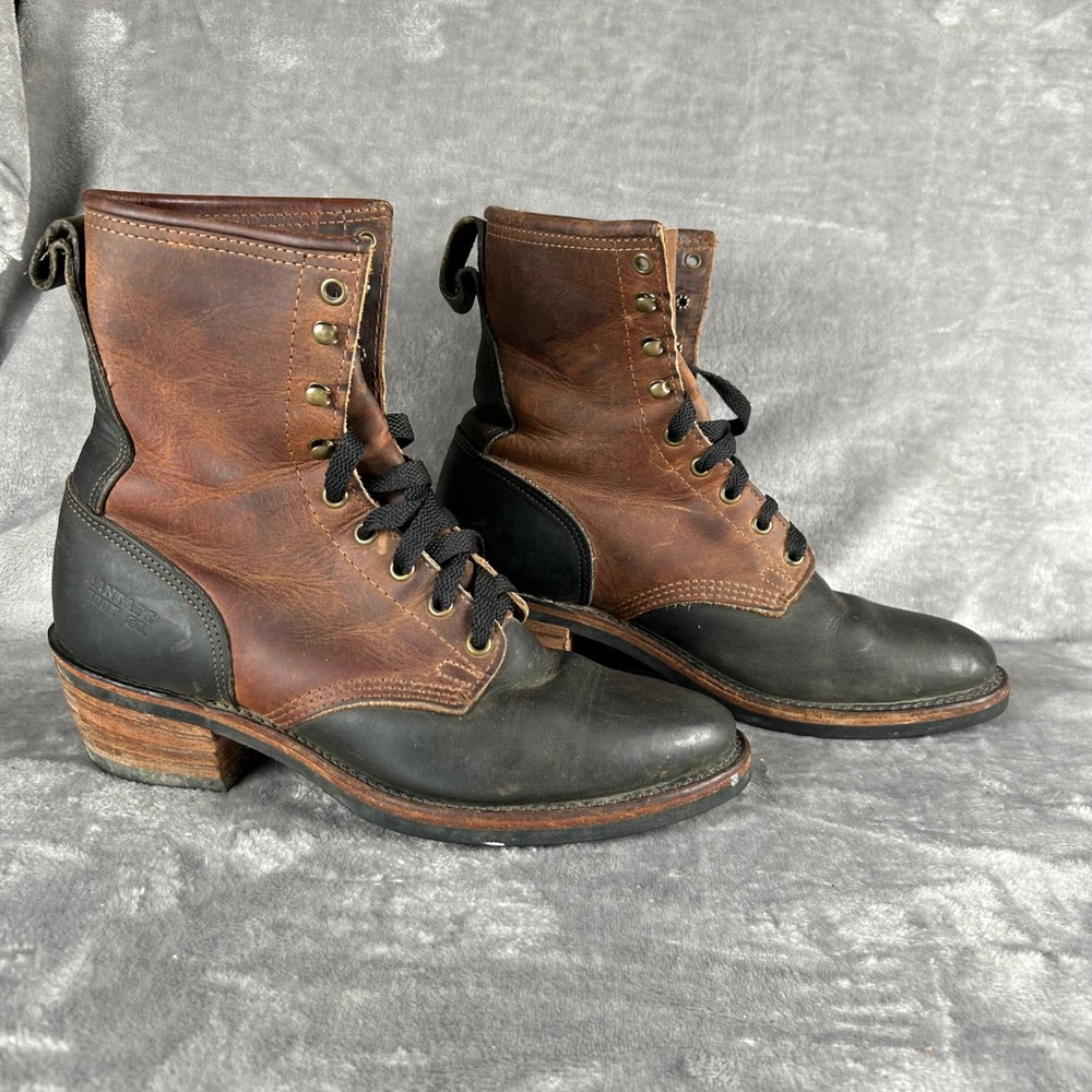 Santa Fe Boot Co Mens Leather Logger Boots Two Tone Black Brown Vibram Size 8 D